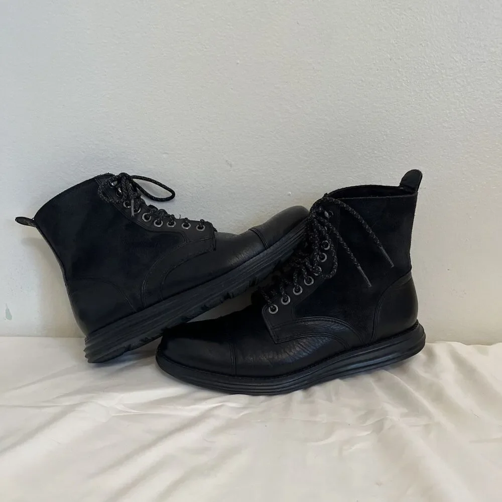 COLE HAAN Mens Leather Lunargrand Lace Waterproof Ankle Boots, Black- Size 7.5